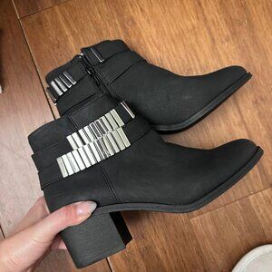 Black faux leather ankle metal booties
